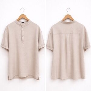 Coofandy Mens XL Beige Textured Henley Shirt Band Collar Short Sleeve Casual Top